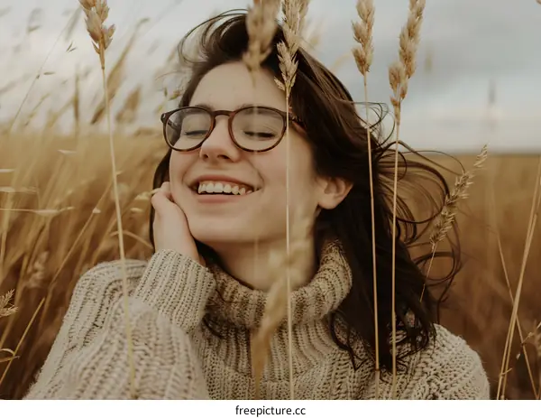 Happy Woman in Field of Tall Grass