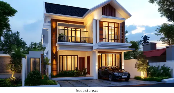 Modern Two Story House with Balconies and Garage