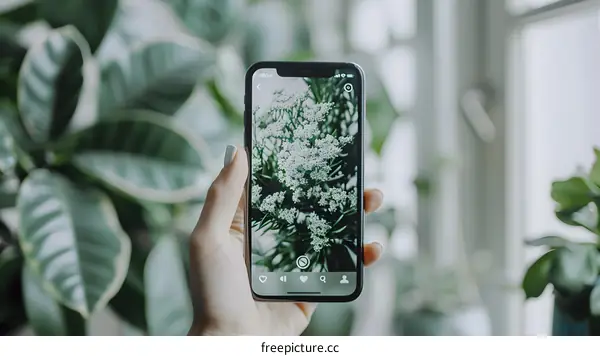 Hand Holding a Smartphone with a Picture of White Flowers on Screen