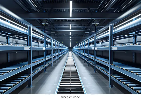 Empty Warehouse Interior With Conveyor Belt And Metal Shelving