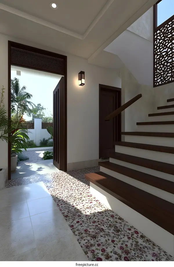 Modern Minimalist Home Interior Design With Staircase And Garden View