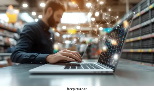 Businessman Working on Laptop in Warehouse with Data Visualization