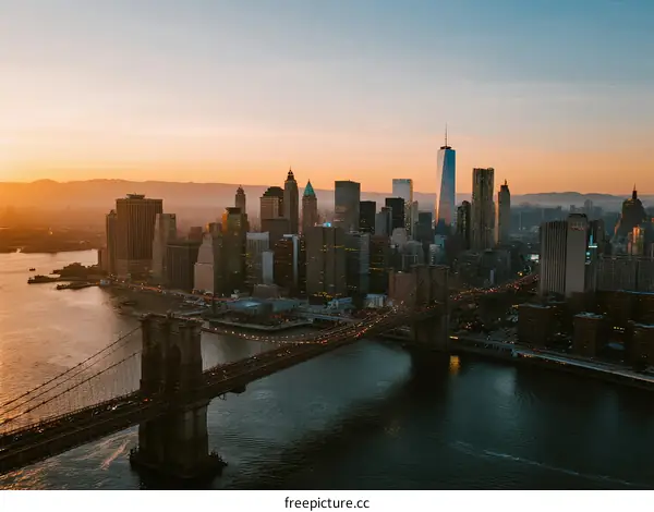Sunset over Brooklyn Bridge with Manhattan skyline in New York