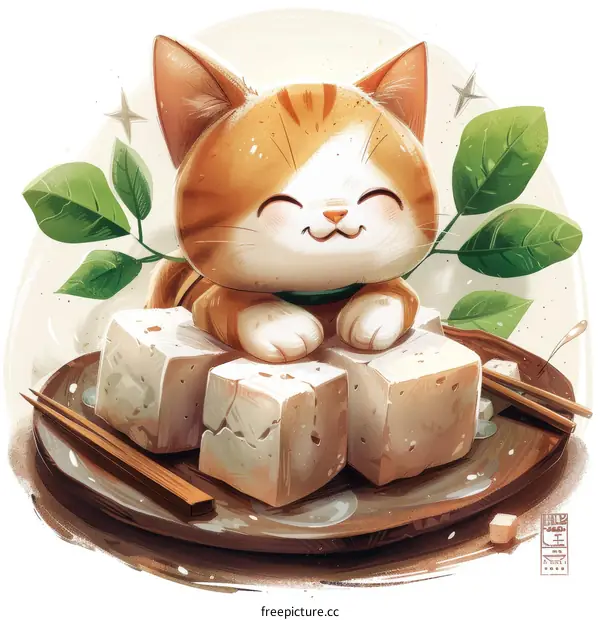 A cute cat is sitting on a plate of tofu.