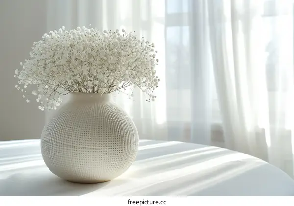 A ceramic vase with white baby's breath flowers sits on a white table near a white curtain in front of a window.