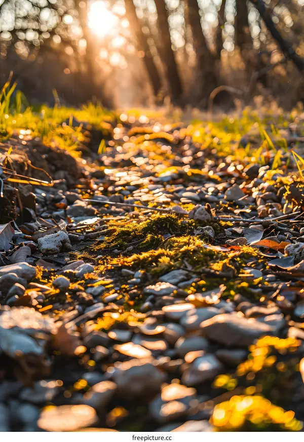 Sunlight Shining Through Trees on a Rocky Path