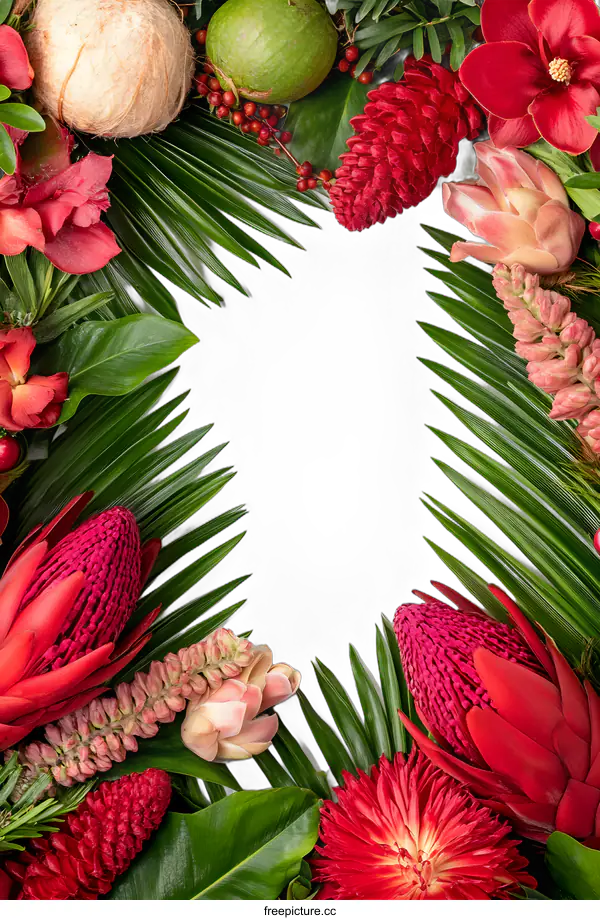 [Transparent Background PNG]Tropical Flowers and Leaves Frame on White Background
