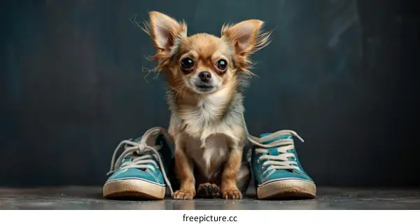 A Chihuahua Wearing Blue Sneakers