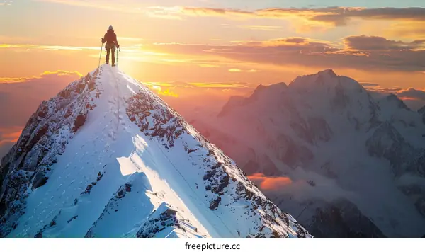 Mountaineer on the summit of a snow-capped mountain at sunrise