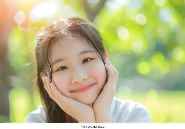 Portrait of a Smiling Asian Girl in a Park