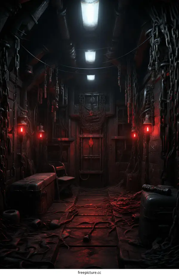 rusty metal chains hang from the ceiling of a dark room