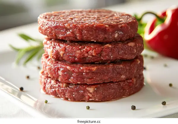 Four raw hamburger patties stacked on a white plate