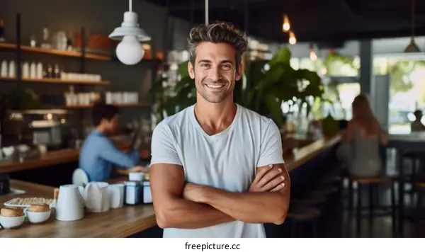 Portrait of a smiling man standing in a cafe