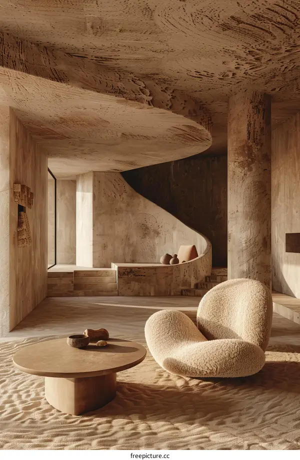 Modern interior of a luxury house with a sculptural staircase