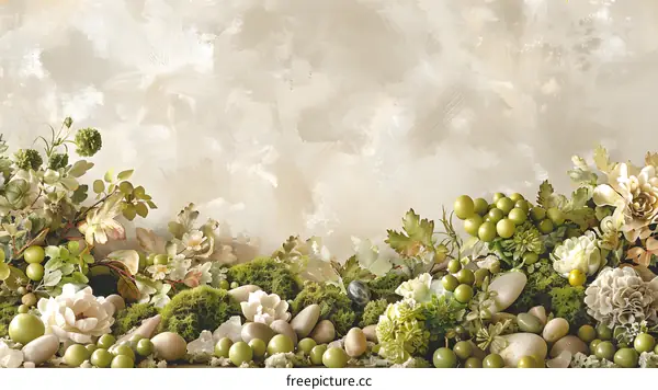 Green and Beige Floral Background with Stones and Moss