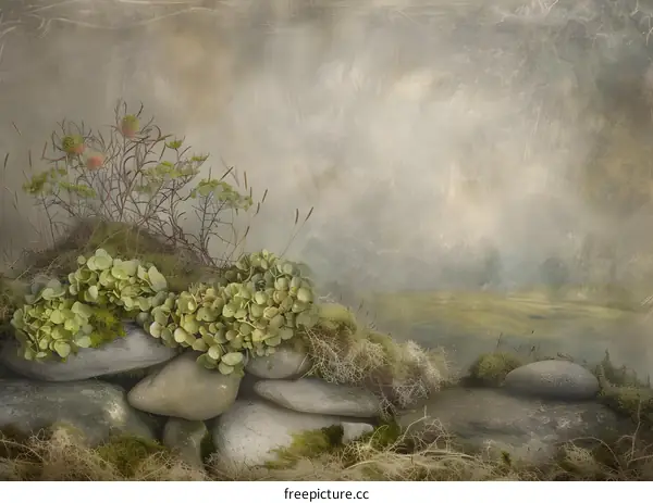 Vintage Style Stone And Plants Landscape With Soft Fog