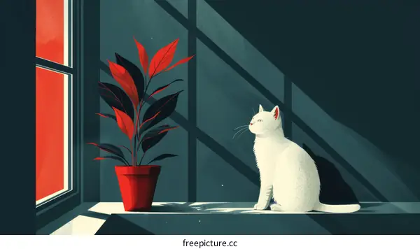 A white cat is sitting beside a potted plant in front of a window.