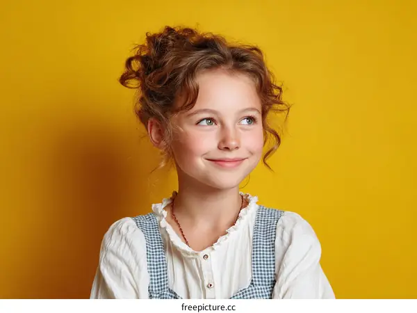 Portrait of a Smiling Girl with Curly Hair Against Yellow Background