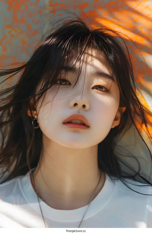 Close Up Portrait of an Asian Woman with Long Dark Hair Looking Up