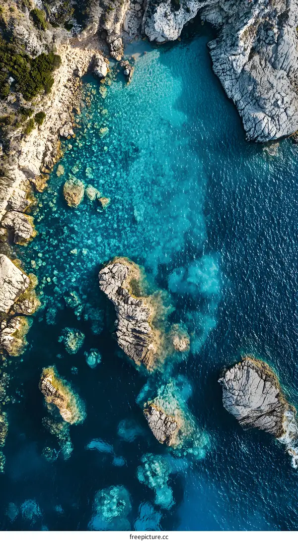 Aerial View of Rocky Coastline and Crystal Clear Water