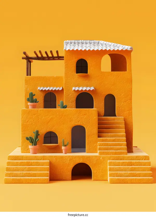 3d illustration of a yellow house with stairs and cacti