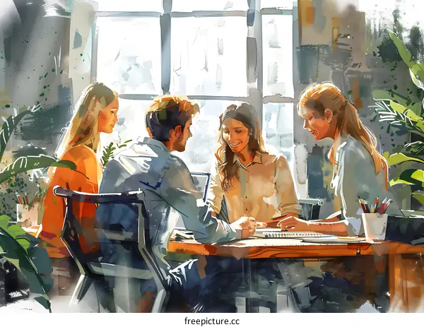 Four people in a meeting discussing ideas