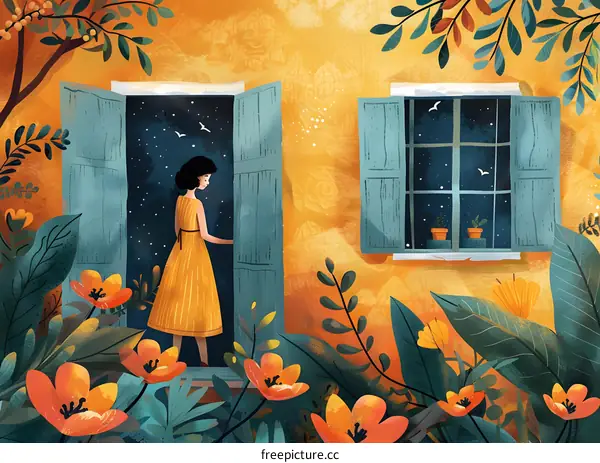 The girl opens the blue window in front of the yellow wall