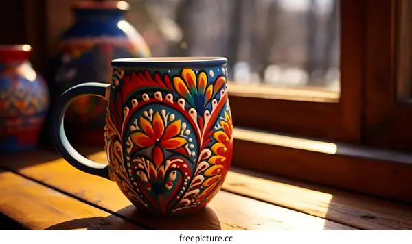 A ceramic mug with a colorful floral design is placed on a wooden table next to a sunlit window.