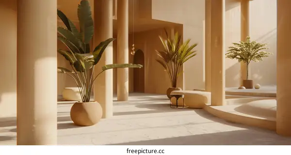 Minimalist Interior Design With Palm Trees And Pillars