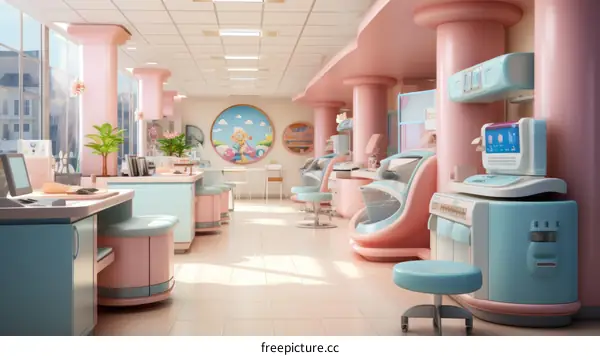An illustration of a colorful and modern hospital room