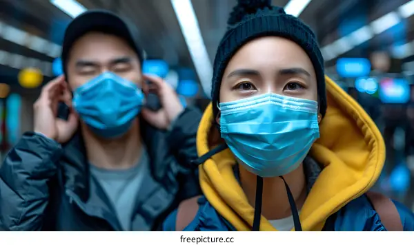 Two People Wearing Masks In A Public Transit System