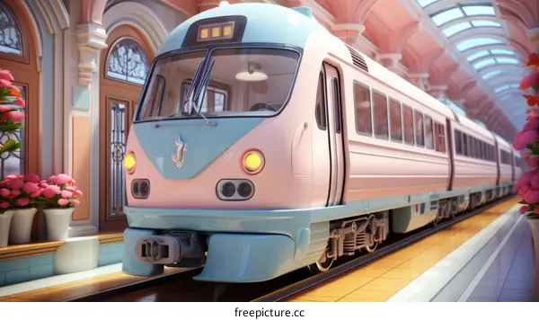 A pink and blue train is in a pink station