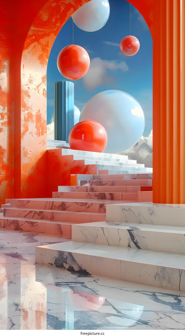 Red, White, and Blue Spheres and Staircase