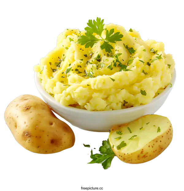 [Transparent Background PNG]Bowl of Mashed Potatoes with Fresh Potatoes