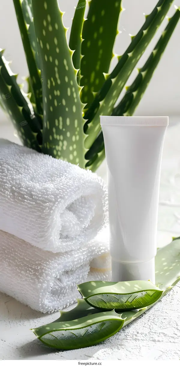 Aloe Vera Plant with White Towels and Cream Tube