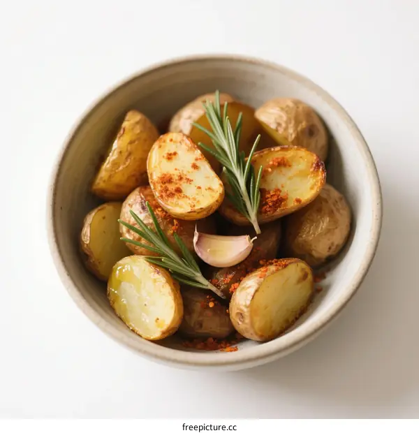 Crispy Roasted Potatoes with Rosemary and Garlic in Bowl