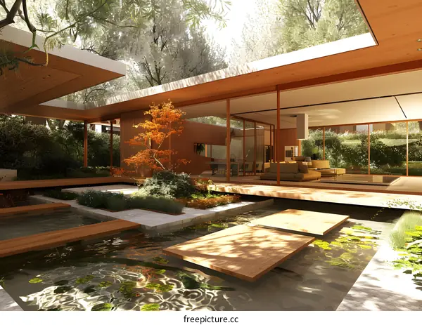 Courtyard house with a pond and a garden