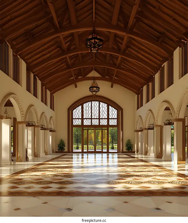 Grand Hall Interior Design With Wooden Ceiling