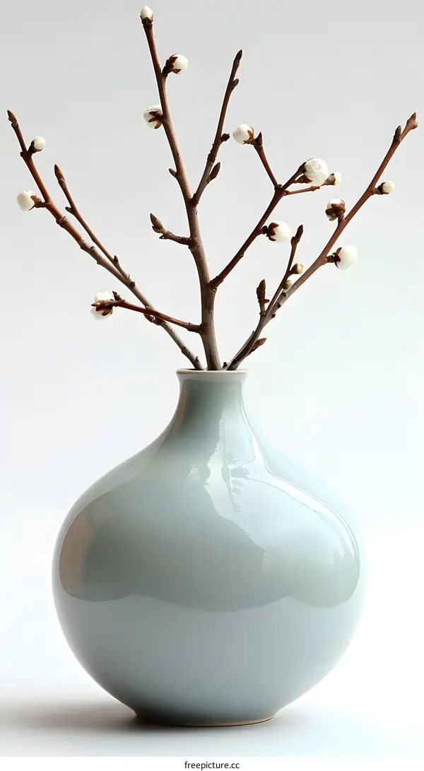 A ceramic vase with budding peach blossom branches