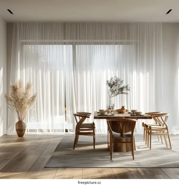 Elegant dining room with a large wooden table and chairs