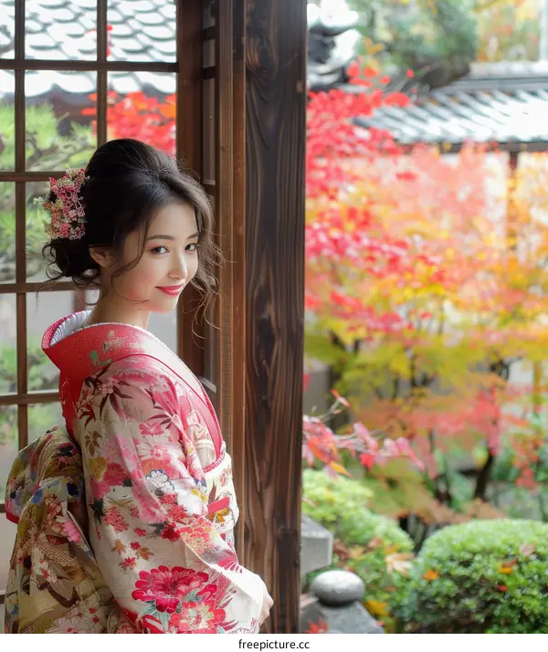 A beautiful Japanese woman wearing a kimono stands in a traditional Japanese garden.