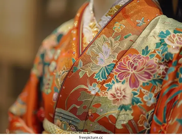A close-up of a kimono with intricate embroidery