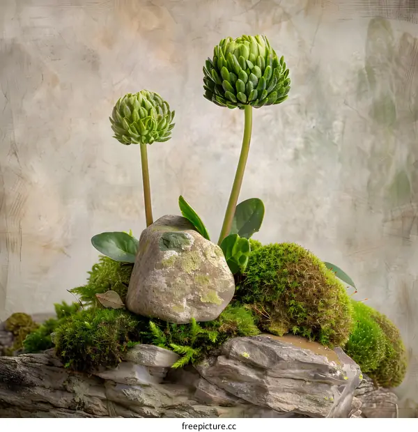 Green Buds Growing on Rocks and Moss