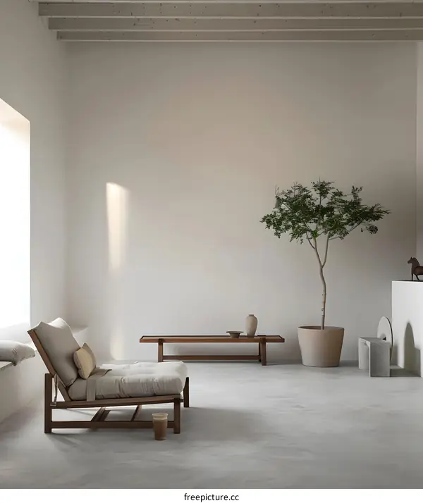 Minimalist Living Room Design with Wooden Furniture and Potted Plant