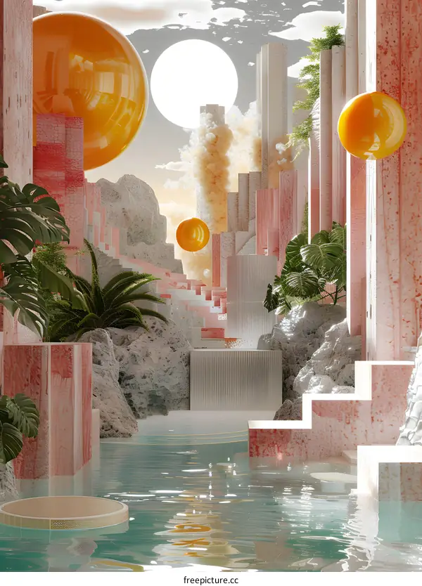 Pink and white surreal landscape with floating spheres