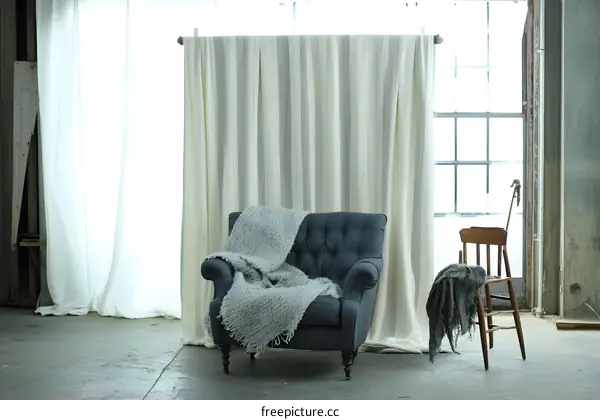 White Curtains with Striped Pattern in a  Loft Interior Design