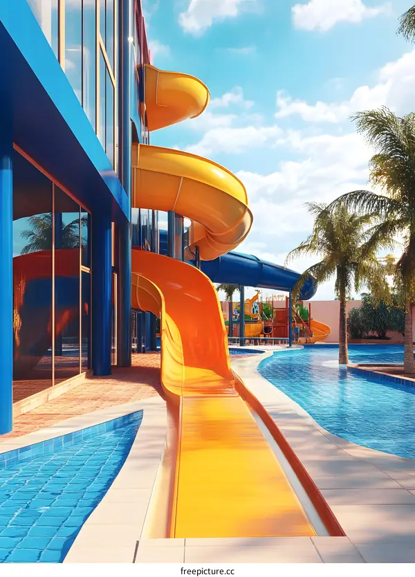 Water Park with Yellow Water Slide and Blue Pool