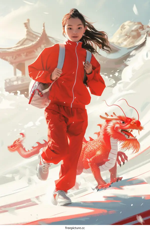 girl in red tracksuit running with a red dragon in a snowy landscape
