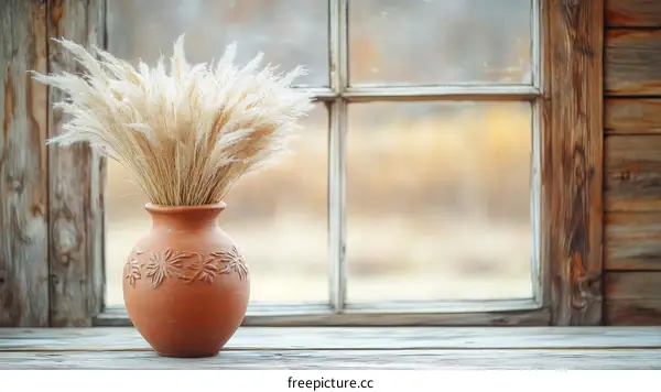 Rustic Dried Grass in Terracotta Vase by Window