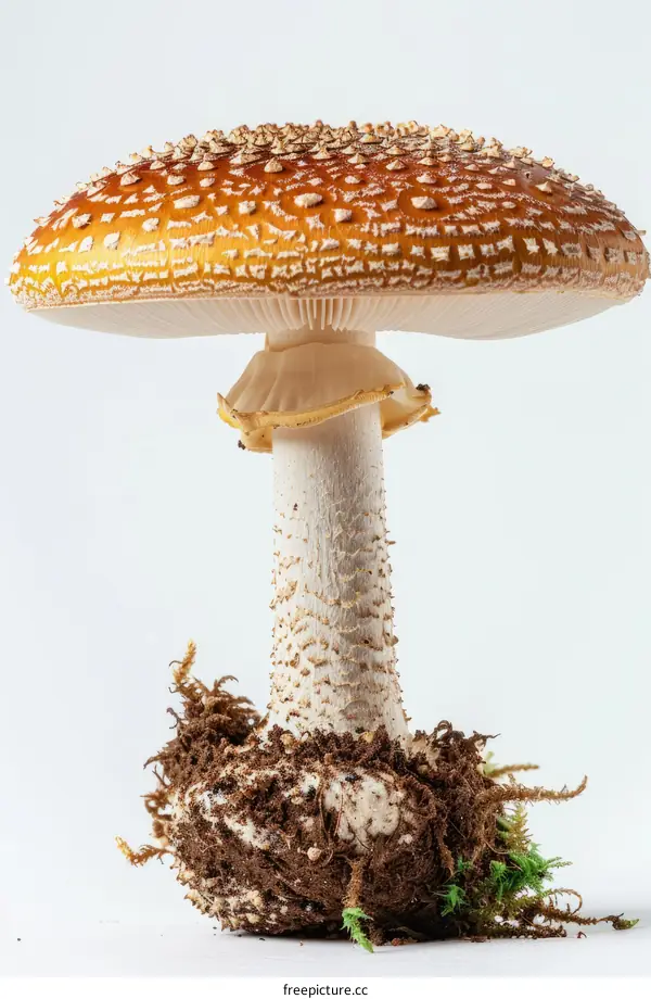 close up photo of a large red mushroom with white spots